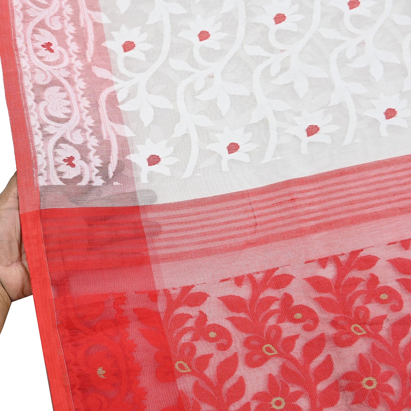 Indian Vintage Sarees Red & White Cotton Hand Woven Jamdani Sari 5yd Ethnic Floral Craft Fabric Dress making Upcycle Crafting Quilting Zari