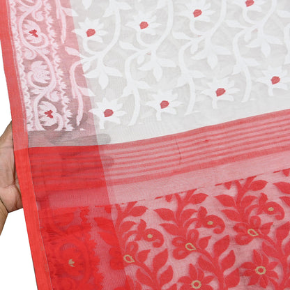 Indian Vintage Sarees Red & White Cotton Hand Woven Jamdani Sari 5yd Ethnic Floral Craft Fabric Dress making Upcycle Crafting Quilting Zari