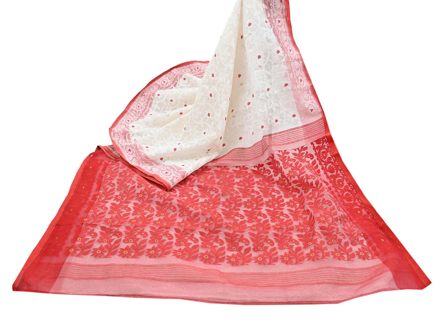 Indian Vintage Sarees Red & White Cotton Hand Woven Jamdani Sari 5yd Ethnic Floral Craft Fabric Dress making Upcycle Crafting Quilting Zari
