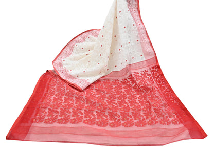 Indian Vintage Sarees Red & White Cotton Hand Woven Jamdani Sari 5yd Ethnic Floral Craft Fabric Dress making Upcycle Crafting Quilting Zari