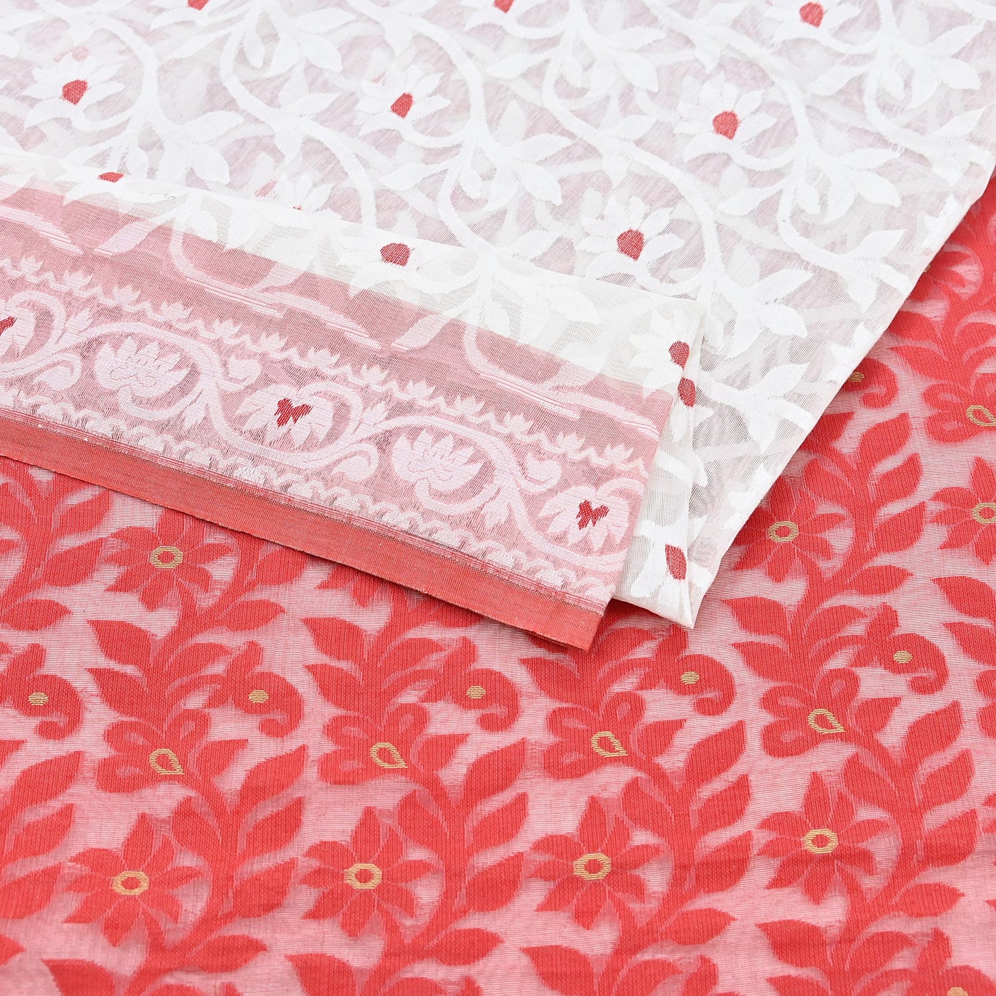Indian Vintage Sarees Red & White Cotton Hand Woven Jamdani Sari 5yd Ethnic Floral Craft Fabric Dress making Upcycle Crafting Quilting Zari