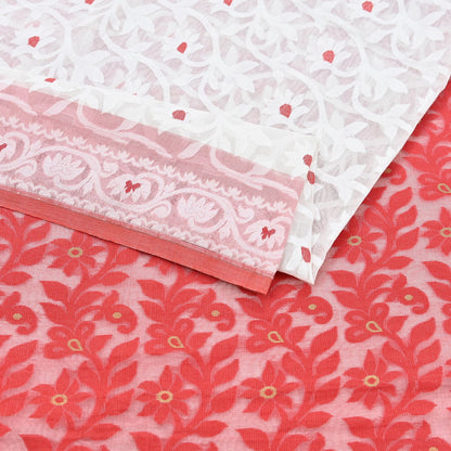 Indian Vintage Sarees Red & White Cotton Hand Woven Jamdani Sari 5yd Ethnic Floral Craft Fabric Dress making Upcycle Crafting Quilting Zari