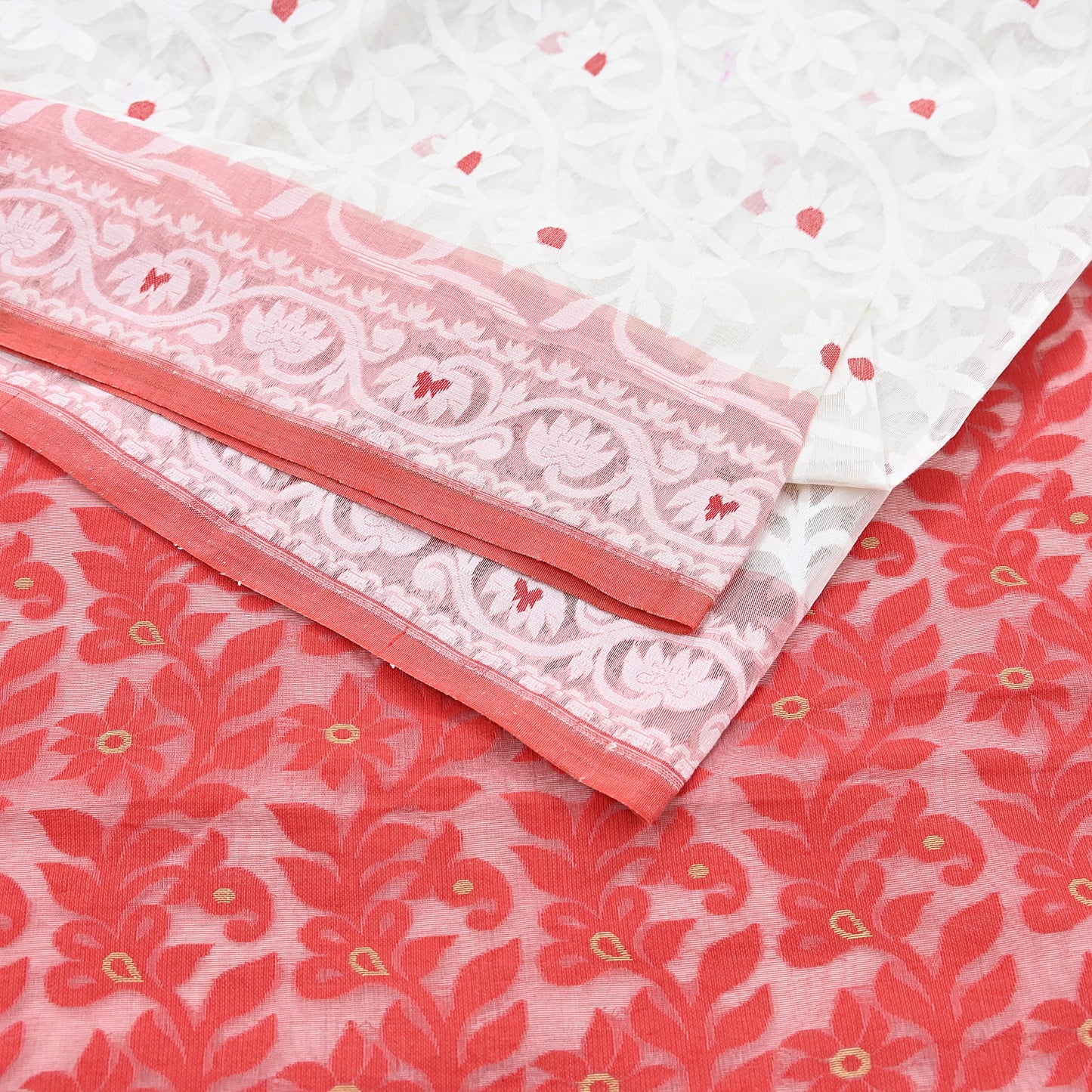 Indian Vintage Sarees Red & White Cotton Hand Woven Jamdani Sari 5yd Ethnic Floral Craft Fabric Dress making Upcycle Crafting Quilting Zari