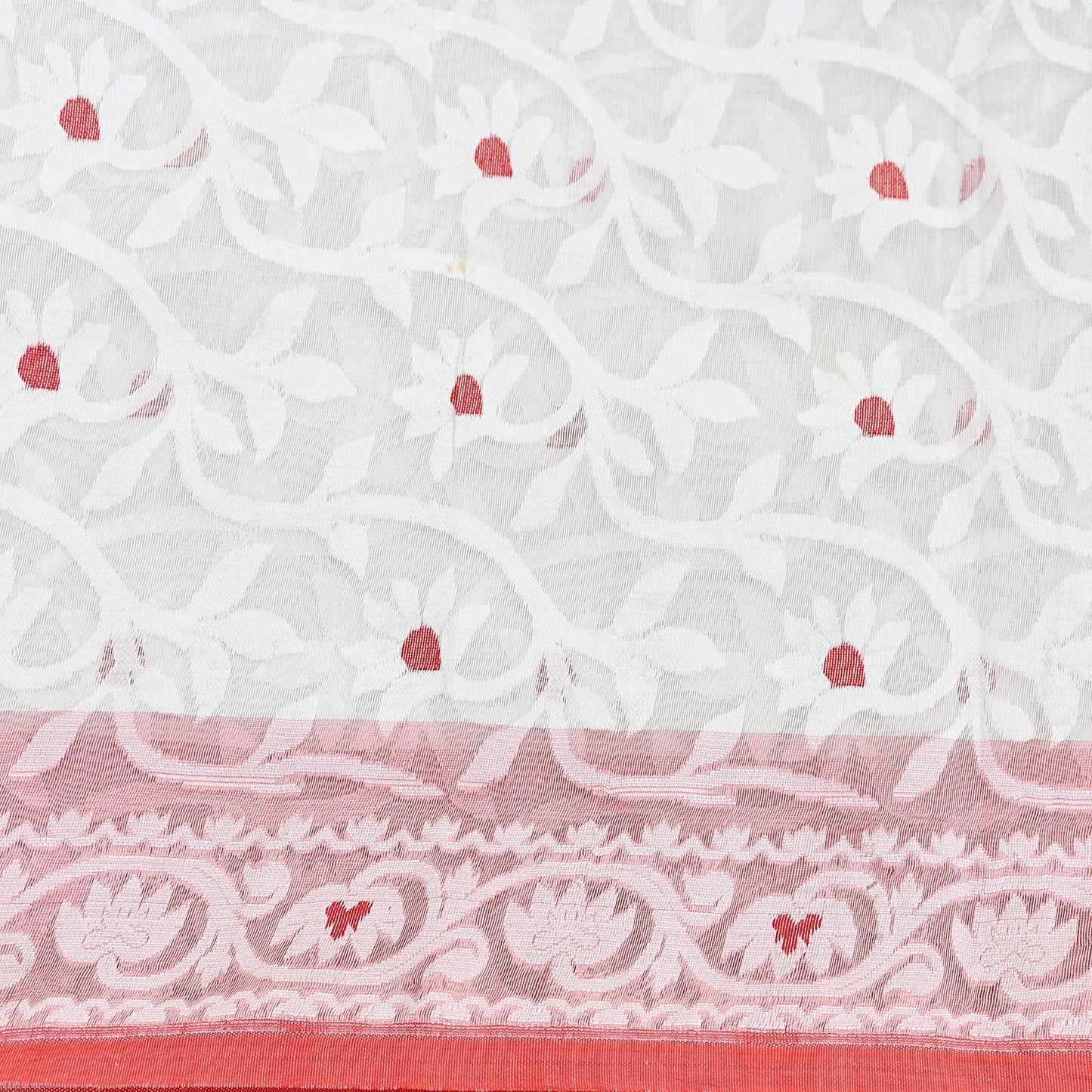 Indian Vintage Sarees Red & White Cotton Hand Woven Jamdani Sari 5yd Ethnic Floral Craft Fabric Dress making Upcycle Crafting Quilting Zari