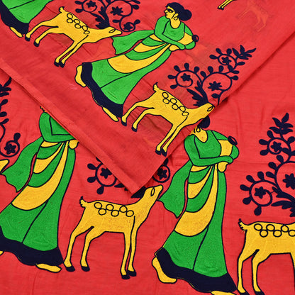 Indian Vintage Red Saree Artificial Silk Embroidered Sari Craft Fabric 5Yd Sewing Stripes Dress making Crafting Quilting Upcycle Fringes
