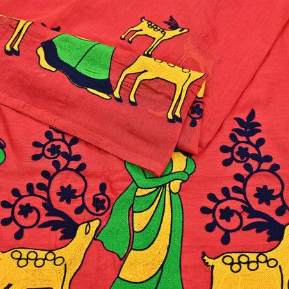 Indian Vintage Red Saree Artificial Silk Embroidered Sari Craft Fabric 5Yd Sewing Stripes Dress making Crafting Quilting Upcycle Fringes