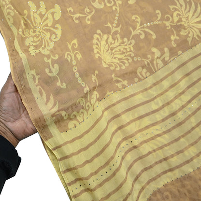 Indian Vintage Beige & yellow Saree Pure Georgette Silk Hand Embroidered Mukesh Sari Fabric 6Yard Sewing Soft Ethnic Sequins Paisley