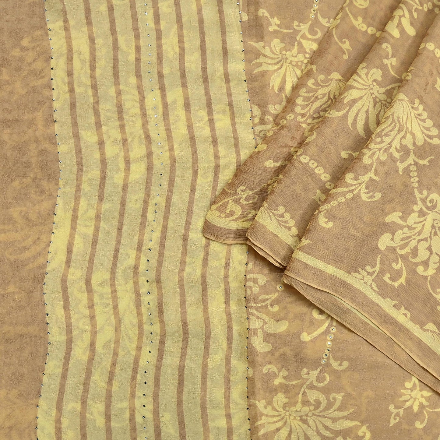 Indian Vintage Beige & yellow Saree Pure Georgette Silk Hand Embroidered Mukesh Sari Fabric 6Yard Sewing Soft Ethnic Sequins Paisley