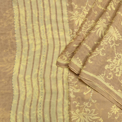 Indian Vintage Beige & yellow Saree Pure Georgette Silk Hand Embroidered Mukesh Sari Fabric 6Yard Sewing Soft Ethnic Sequins Paisley