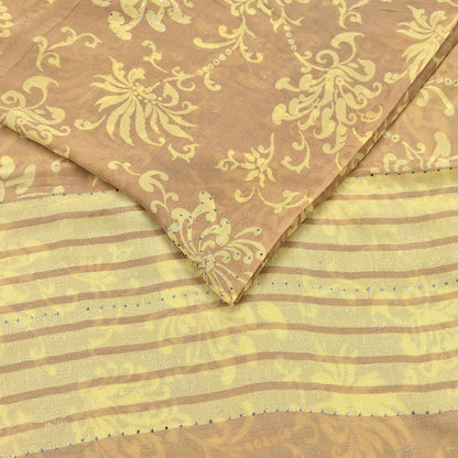 Indian Vintage Beige & yellow Saree Pure Georgette Silk Hand Embroidered Mukesh Sari Fabric 6Yard Sewing Soft Ethnic Sequins Paisley
