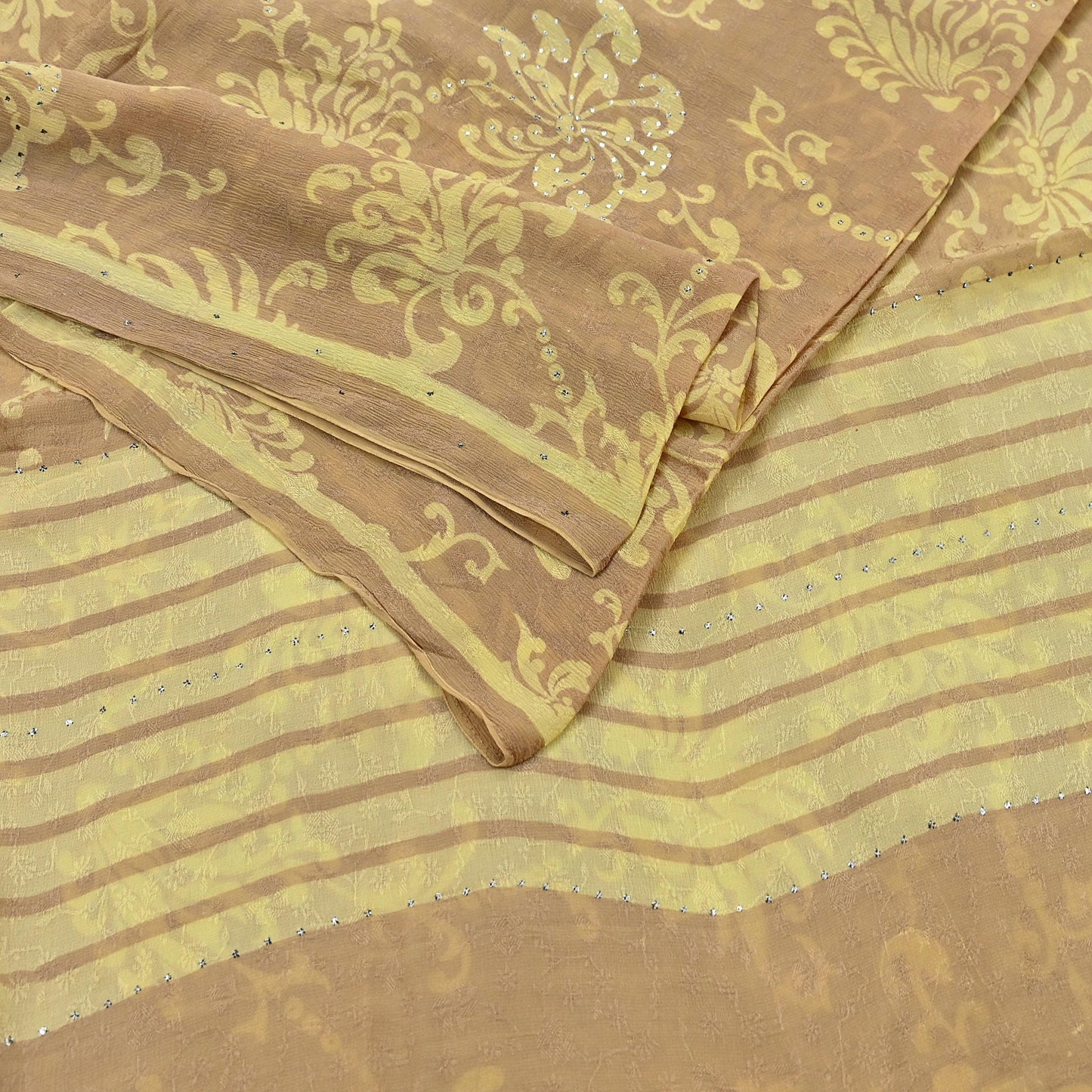 Indian Vintage Beige & yellow Saree Pure Georgette Silk Hand Embroidered Mukesh Sari Fabric 6Yard Sewing Soft Ethnic Sequins Paisley