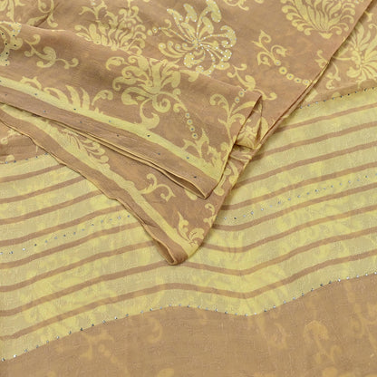 Indian Vintage Beige & yellow Saree Pure Georgette Silk Hand Embroidered Mukesh Sari Fabric 6Yard Sewing Soft Ethnic Sequins Paisley