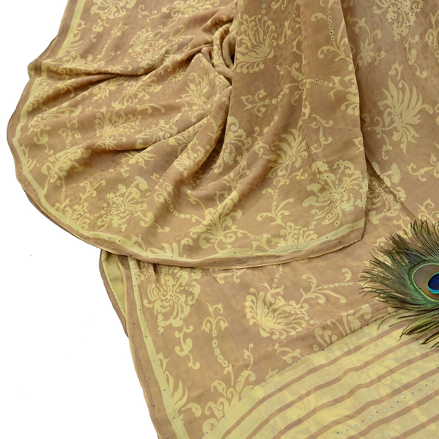 Indian Vintage Beige & yellow Saree Pure Georgette Silk Hand Embroidered Mukesh Sari Fabric 6Yard Sewing Soft Ethnic Sequins Paisley