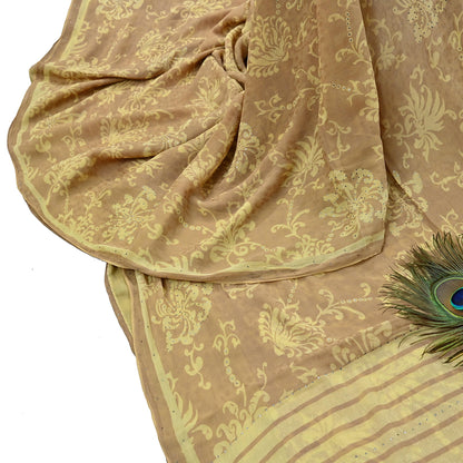 Indian Vintage Beige & yellow Saree Pure Georgette Silk Hand Embroidered Mukesh Sari Fabric 6Yard Sewing Soft Ethnic Sequins Paisley