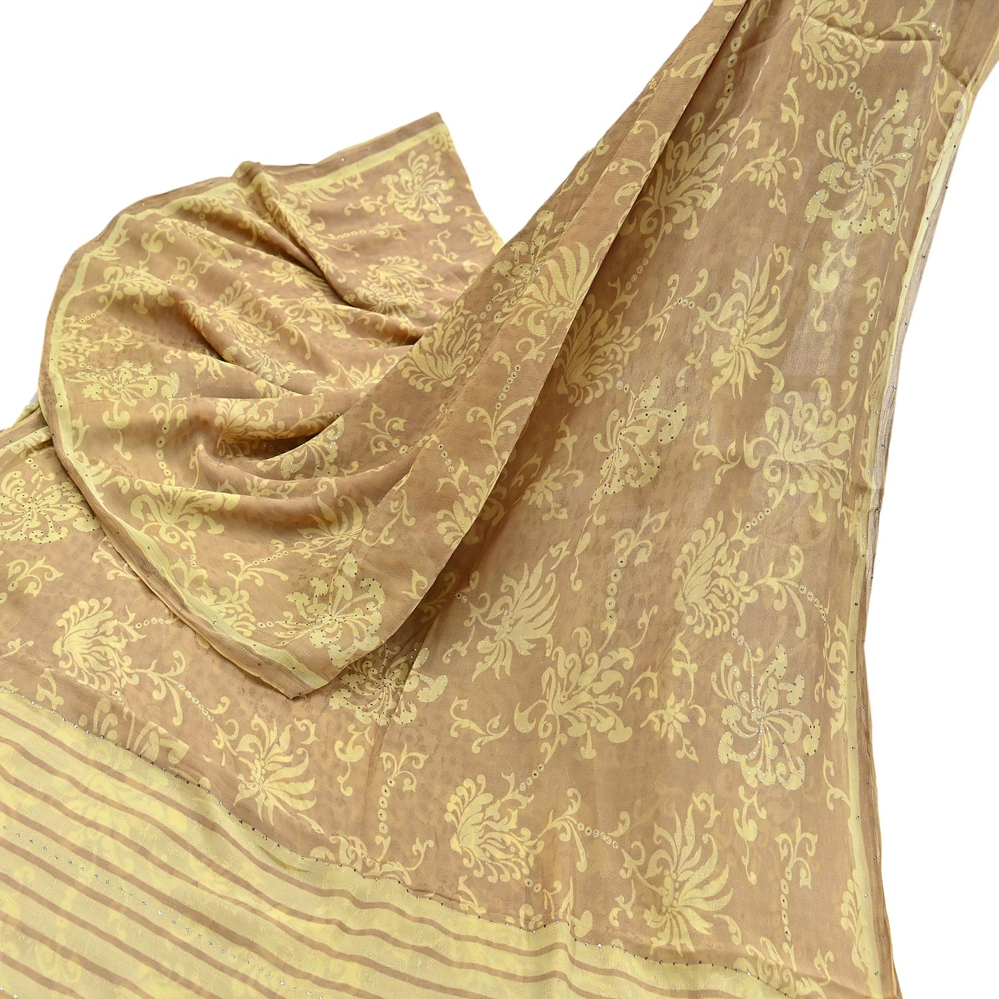 Indian Vintage Beige & yellow Saree Pure Georgette Silk Hand Embroidered Mukesh Sari Fabric 6Yard Sewing Soft Ethnic Sequins Paisley