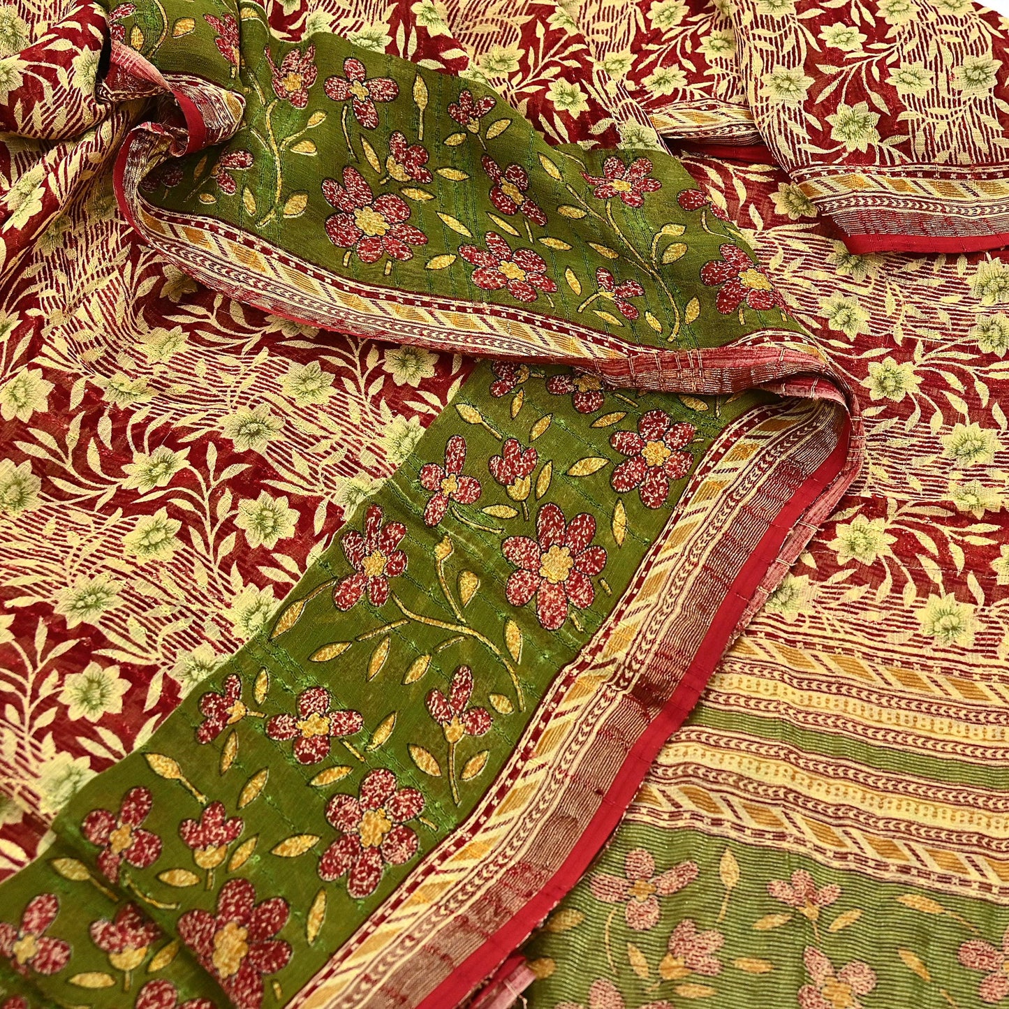 Indian Vintage Sari Yellow Printed Sari Blend Cotton Saree Fabric 5Yard Floral Soft Golden Zari Paisley