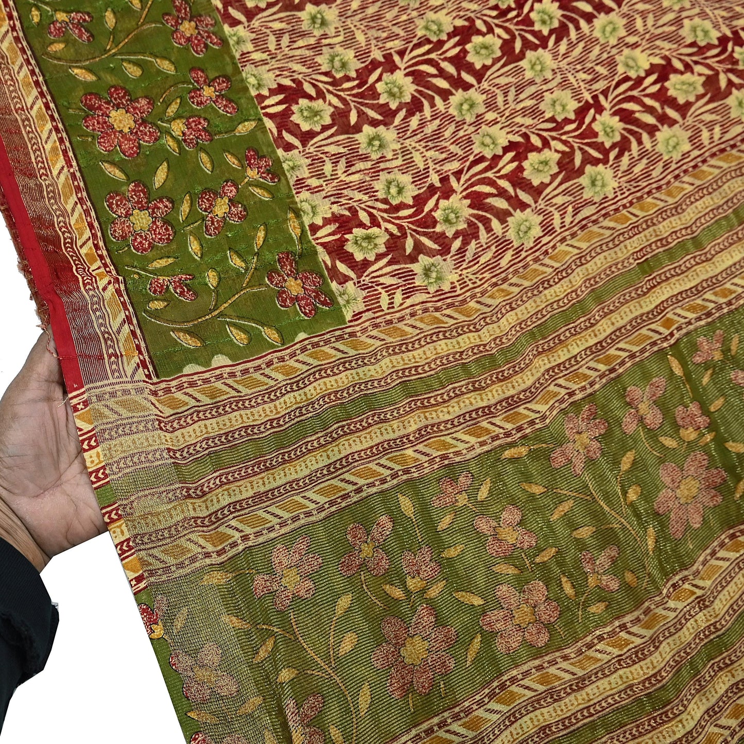 Indian Vintage Sari Yellow Printed Sari Blend Cotton Saree Fabric 5Yard Floral Soft Golden Zari Paisley