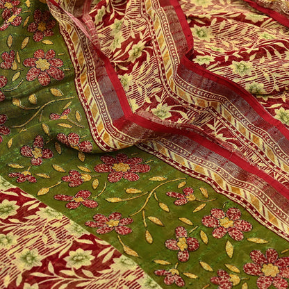 Indian Vintage Sari Yellow Printed Sari Blend Cotton Saree Fabric 5Yard Floral Soft Golden Zari Paisley
