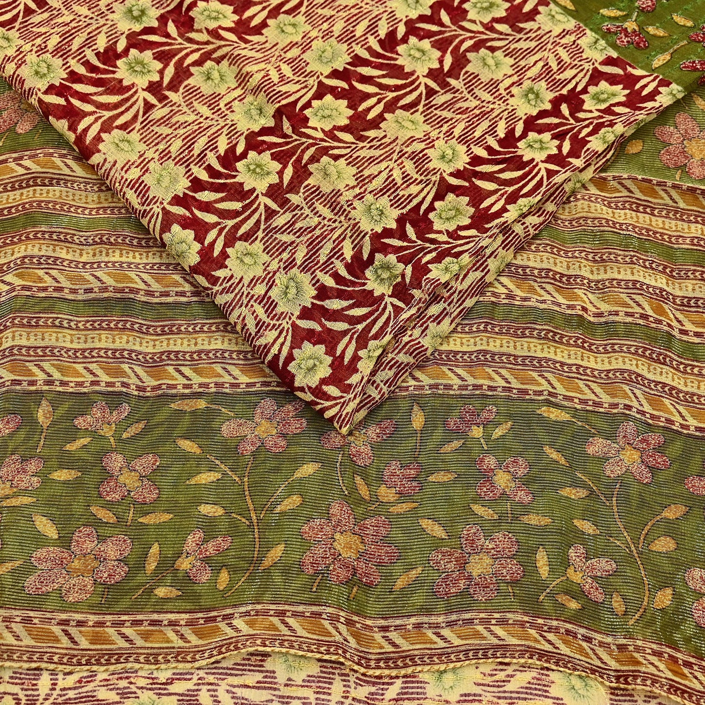 Indian Vintage Sari Yellow Printed Sari Blend Cotton Saree Fabric 5Yard Floral Soft Golden Zari Paisley