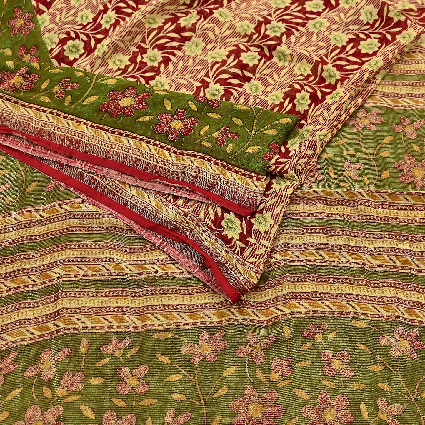 Indian Vintage Sari Yellow Printed Sari Blend Cotton Saree Fabric 5Yard Floral Soft Golden Zari Paisley