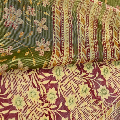 Indian Vintage Sari Yellow Printed Sari Blend Cotton Saree Fabric 5Yard Floral Soft Golden Zari Paisley