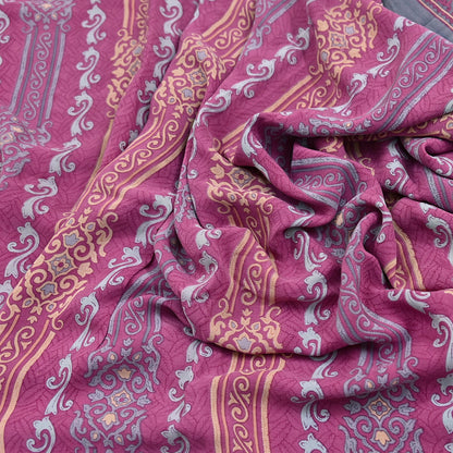 Indian Vintage Gray & pink Pure Crepe Silk Saree Floral Print 6 Yards Soft Sewing Fabric for Dressmaking, Quilting, Crafting Upcycling