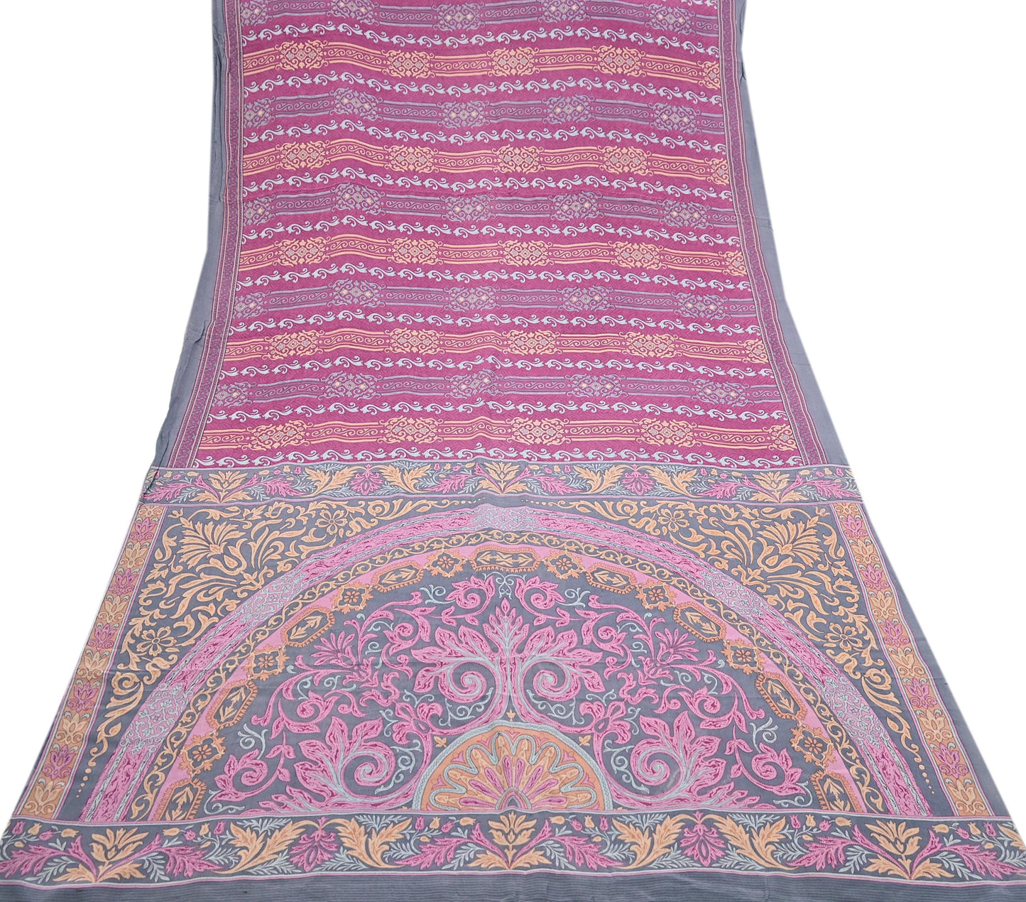 Indian Vintage Gray & pink Pure Crepe Silk Saree Floral Print 6 Yards Soft Sewing Fabric for Dressmaking, Quilting, Crafting Upcycling