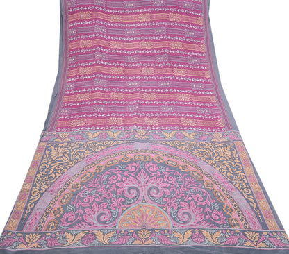 Indian Vintage Gray & pink Pure Crepe Silk Saree Floral Print 6 Yards Soft Sewing Fabric for Dressmaking, Quilting, Crafting Upcycling