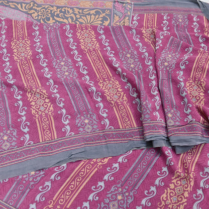 Indian Vintage Gray & pink Pure Crepe Silk Saree Floral Print 6 Yards Soft Sewing Fabric for Dressmaking, Quilting, Crafting Upcycling