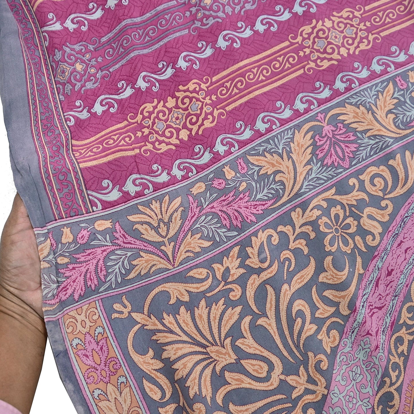 Indian Vintage Gray & pink Pure Crepe Silk Saree Floral Print 6 Yards Soft Sewing Fabric for Dressmaking, Quilting, Crafting Upcycling