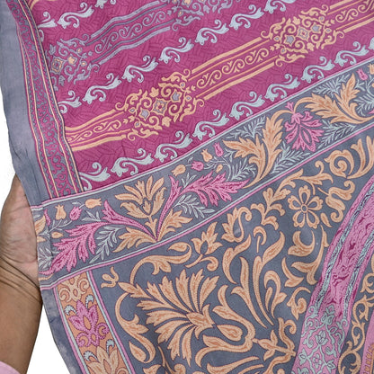 Indian Vintage Gray & pink Pure Crepe Silk Saree Floral Print 6 Yards Soft Sewing Fabric for Dressmaking, Quilting, Crafting Upcycling