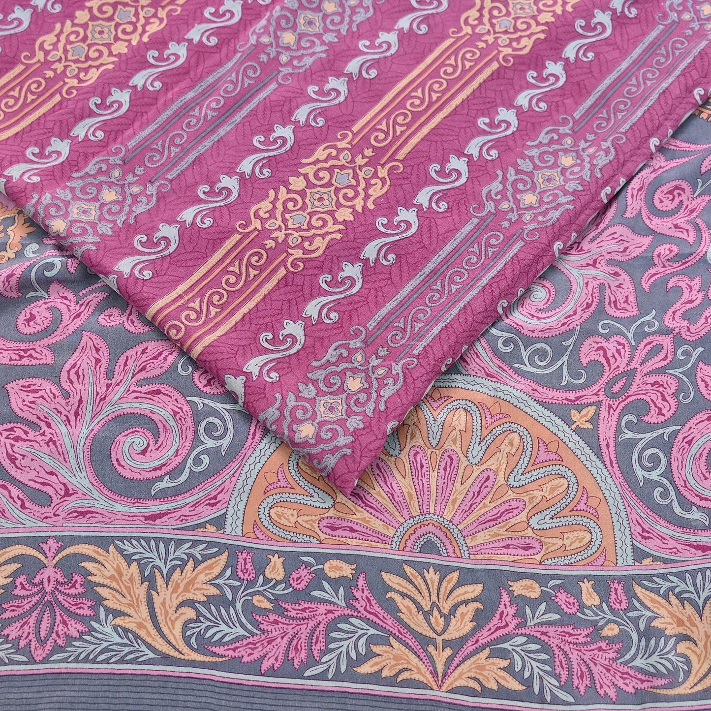 Indian Vintage Gray & pink Pure Crepe Silk Saree Floral Print 6 Yards Soft Sewing Fabric for Dressmaking, Quilting, Crafting Upcycling