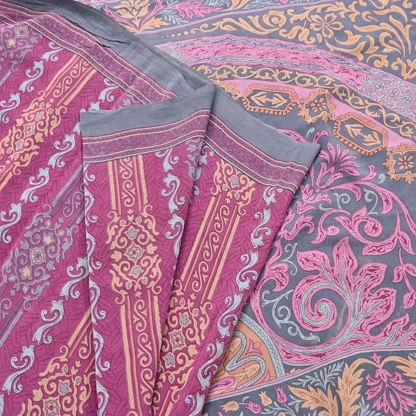 Indian Vintage Gray & pink Pure Crepe Silk Saree Floral Print 6 Yards Soft Sewing Fabric for Dressmaking, Quilting, Crafting Upcycling
