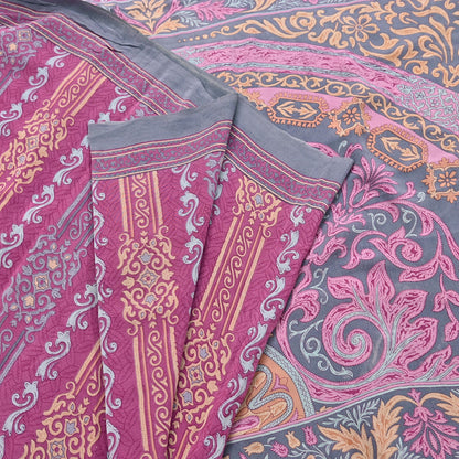 Indian Vintage Gray & pink Pure Crepe Silk Saree Floral Print 6 Yards Soft Sewing Fabric for Dressmaking, Quilting, Crafting Upcycling