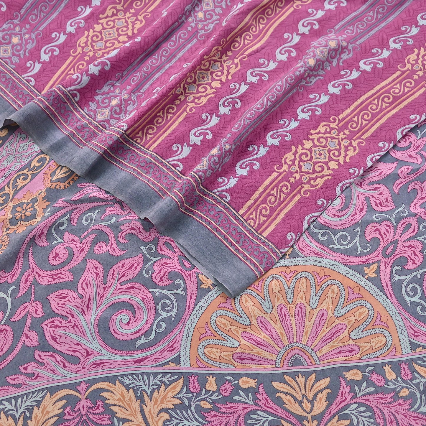Indian Vintage Gray & pink Pure Crepe Silk Saree Floral Print 6 Yards Soft Sewing Fabric for Dressmaking, Quilting, Crafting Upcycling