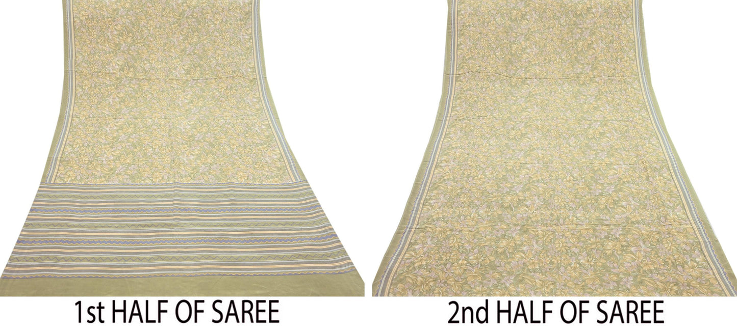 Indian Vintage Sari Green & yellow Pure Crepe Silk Printed Sarees 5yd Sewing Soft Craft Fabric Wrap Dress Making Crafting Quilting Upcycle