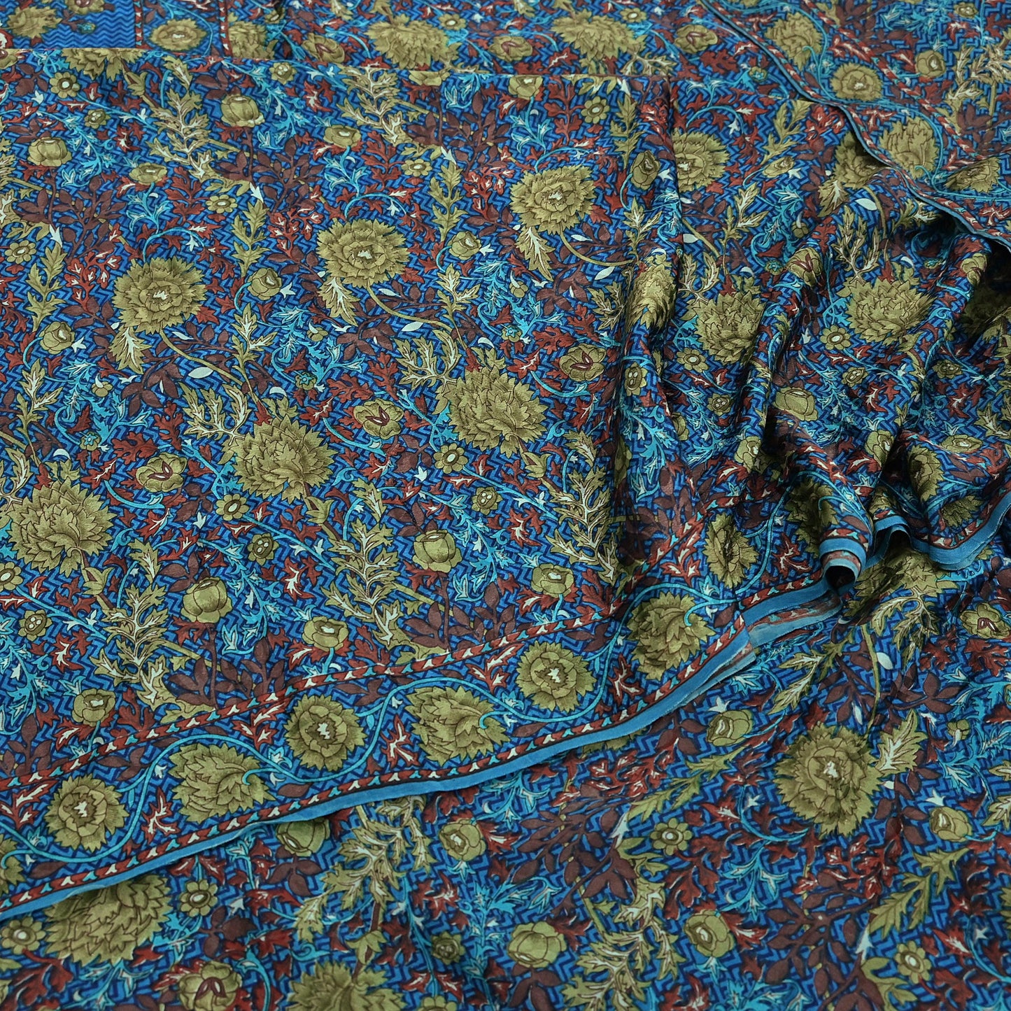 Indian Vintage Blue Pure Crepe Silk Saree Floral Print 5 Yards Soft Sewing Fabric for Dressmaking, Quilting, Crafting Upcycling