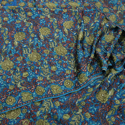 Indian Vintage Blue Pure Crepe Silk Saree Floral Print 5 Yards Soft Sewing Fabric for Dressmaking, Quilting, Crafting Upcycling