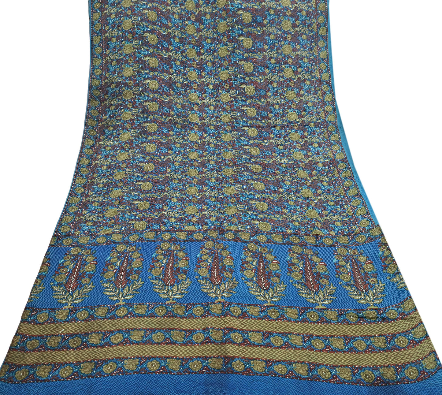 Indian Vintage Blue Pure Crepe Silk Saree Floral Print 5 Yards Soft Sewing Fabric for Dressmaking, Quilting, Crafting Upcycling