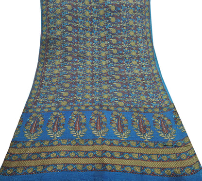 Indian Vintage Blue Pure Crepe Silk Saree Floral Print 5 Yards Soft Sewing Fabric for Dressmaking, Quilting, Crafting Upcycling