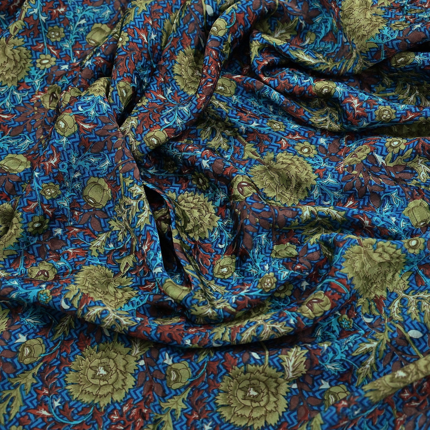 Indian Vintage Blue Pure Crepe Silk Saree Floral Print 5 Yards Soft Sewing Fabric for Dressmaking, Quilting, Crafting Upcycling