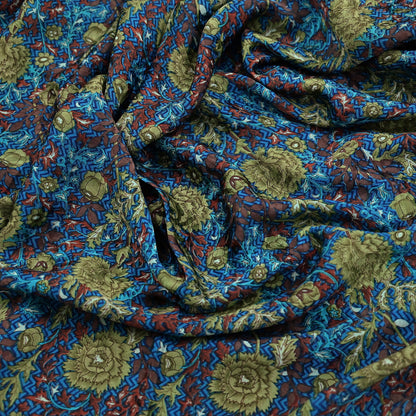 Indian Vintage Blue Pure Crepe Silk Saree Floral Print 5 Yards Soft Sewing Fabric for Dressmaking, Quilting, Crafting Upcycling