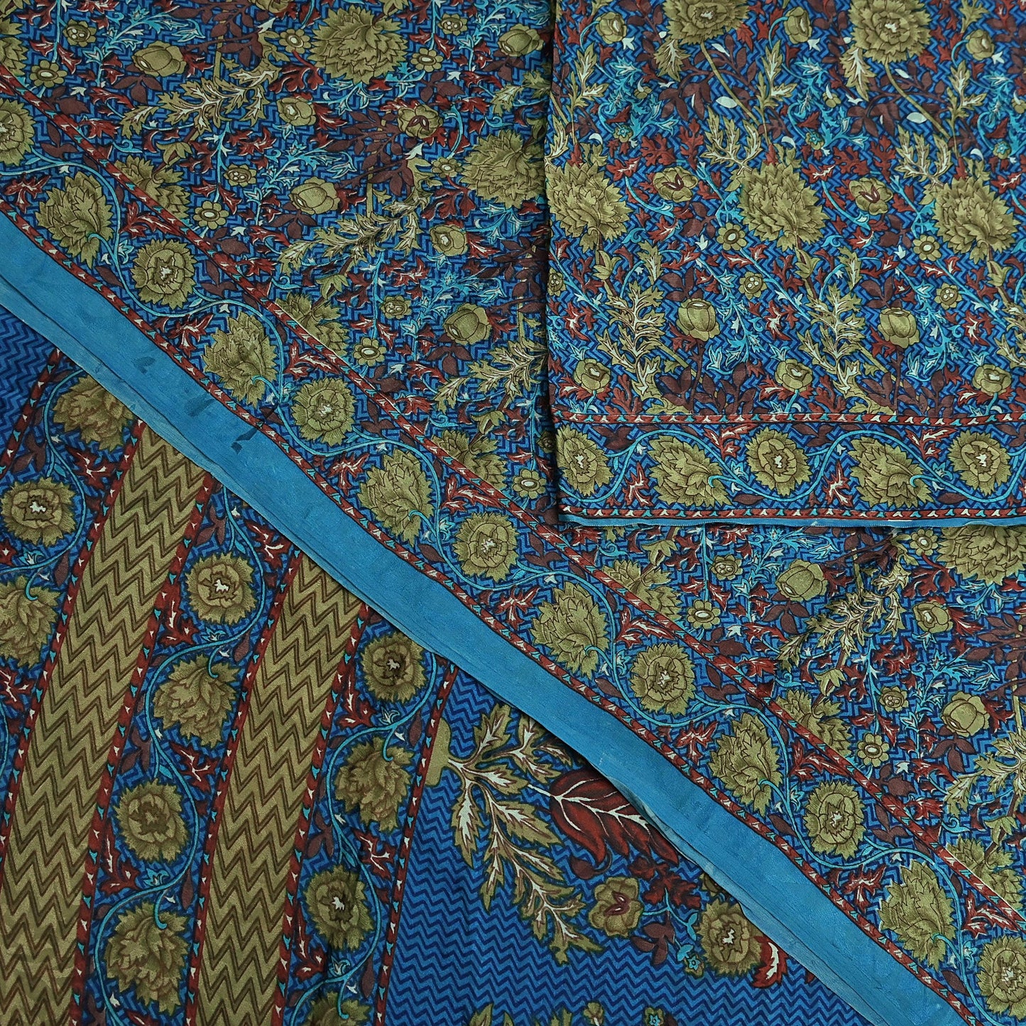 Indian Vintage Blue Pure Crepe Silk Saree Floral Print 5 Yards Soft Sewing Fabric for Dressmaking, Quilting, Crafting Upcycling