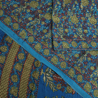 Indian Vintage Blue Pure Crepe Silk Saree Floral Print 5 Yards Soft Sewing Fabric for Dressmaking, Quilting, Crafting Upcycling