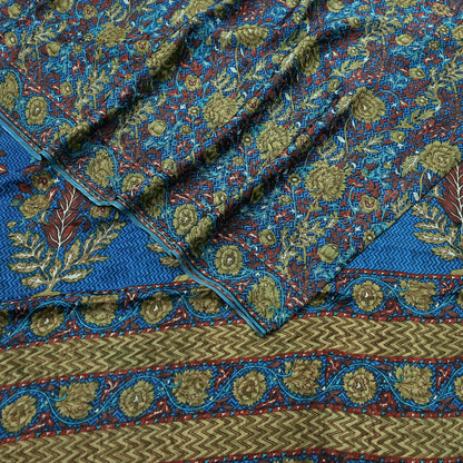 Indian Vintage Blue Pure Crepe Silk Saree Floral Print 5 Yards Soft Sewing Fabric for Dressmaking, Quilting, Crafting Upcycling