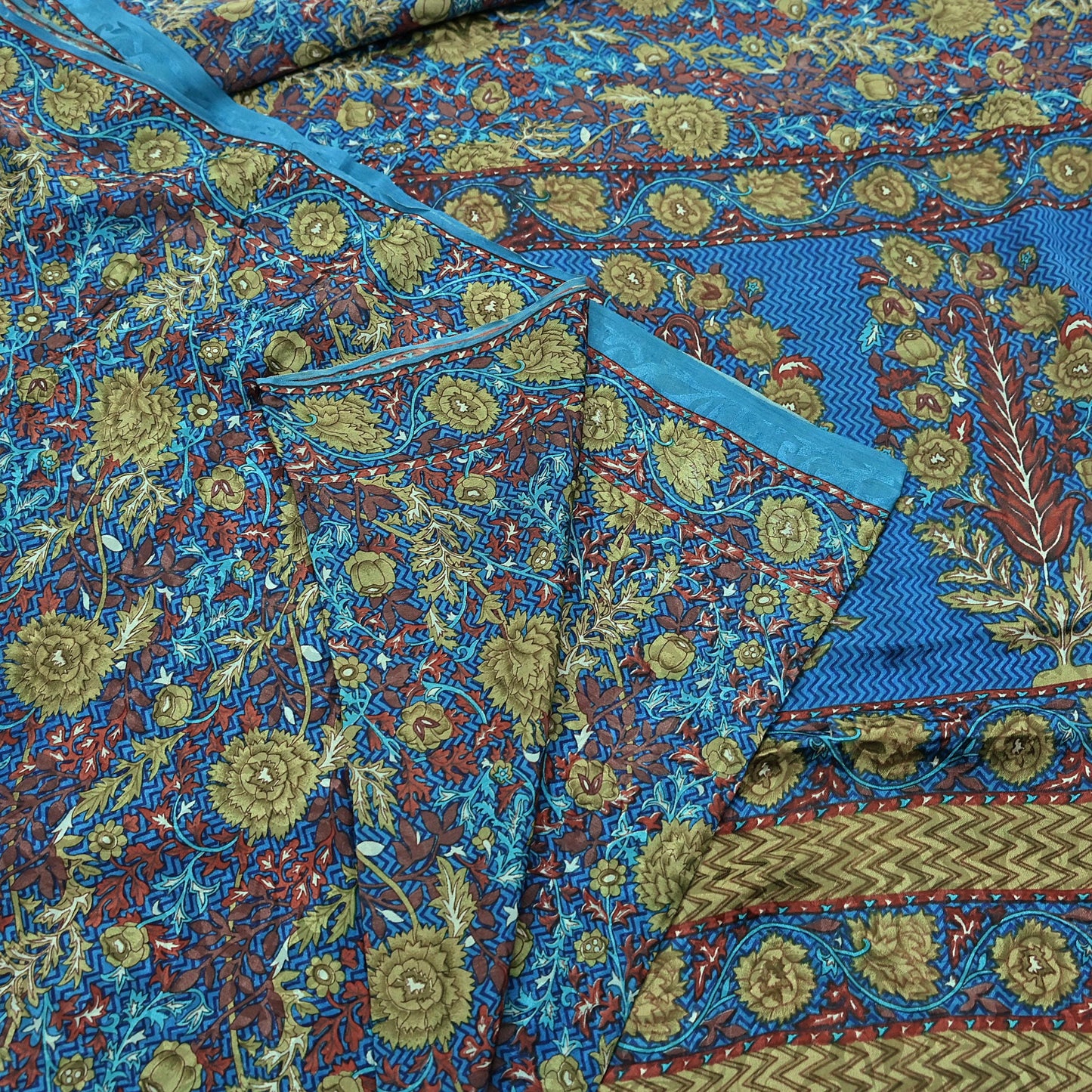Indian Vintage Blue Pure Crepe Silk Saree Floral Print 5 Yards Soft Sewing Fabric for Dressmaking, Quilting, Crafting Upcycling