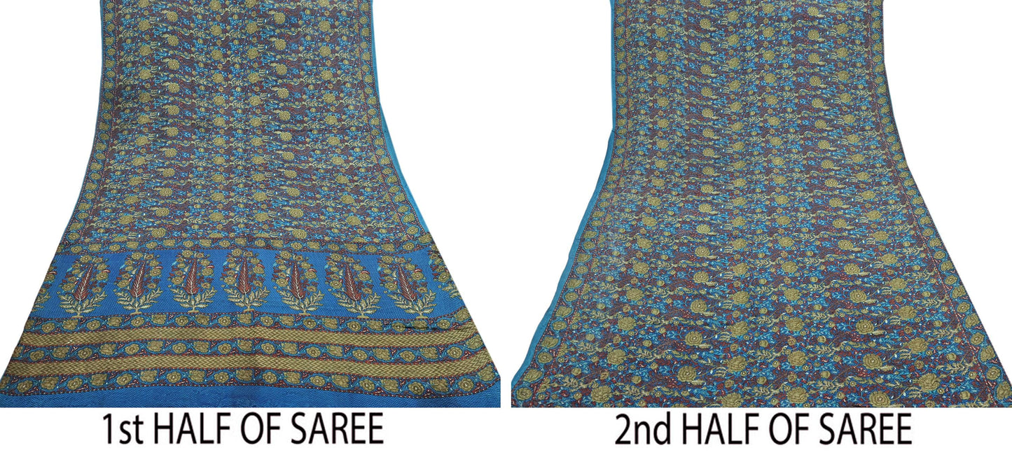 Indian Vintage Blue Pure Crepe Silk Saree Floral Print 5 Yards Soft Sewing Fabric for Dressmaking, Quilting, Crafting Upcycling