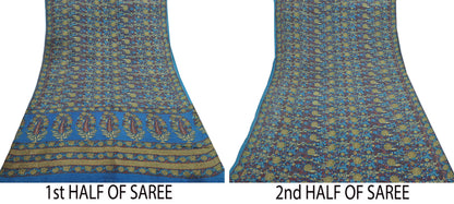 Indian Vintage Blue Pure Crepe Silk Saree Floral Print 5 Yards Soft Sewing Fabric for Dressmaking, Quilting, Crafting Upcycling