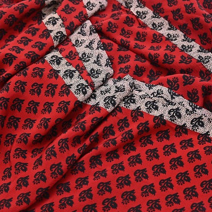 Indian Vintage Sari Black & Red Pure Crepe Silk Printed Saree 5yard Sewing Rose Flower Soft Craft Fabric Wrap