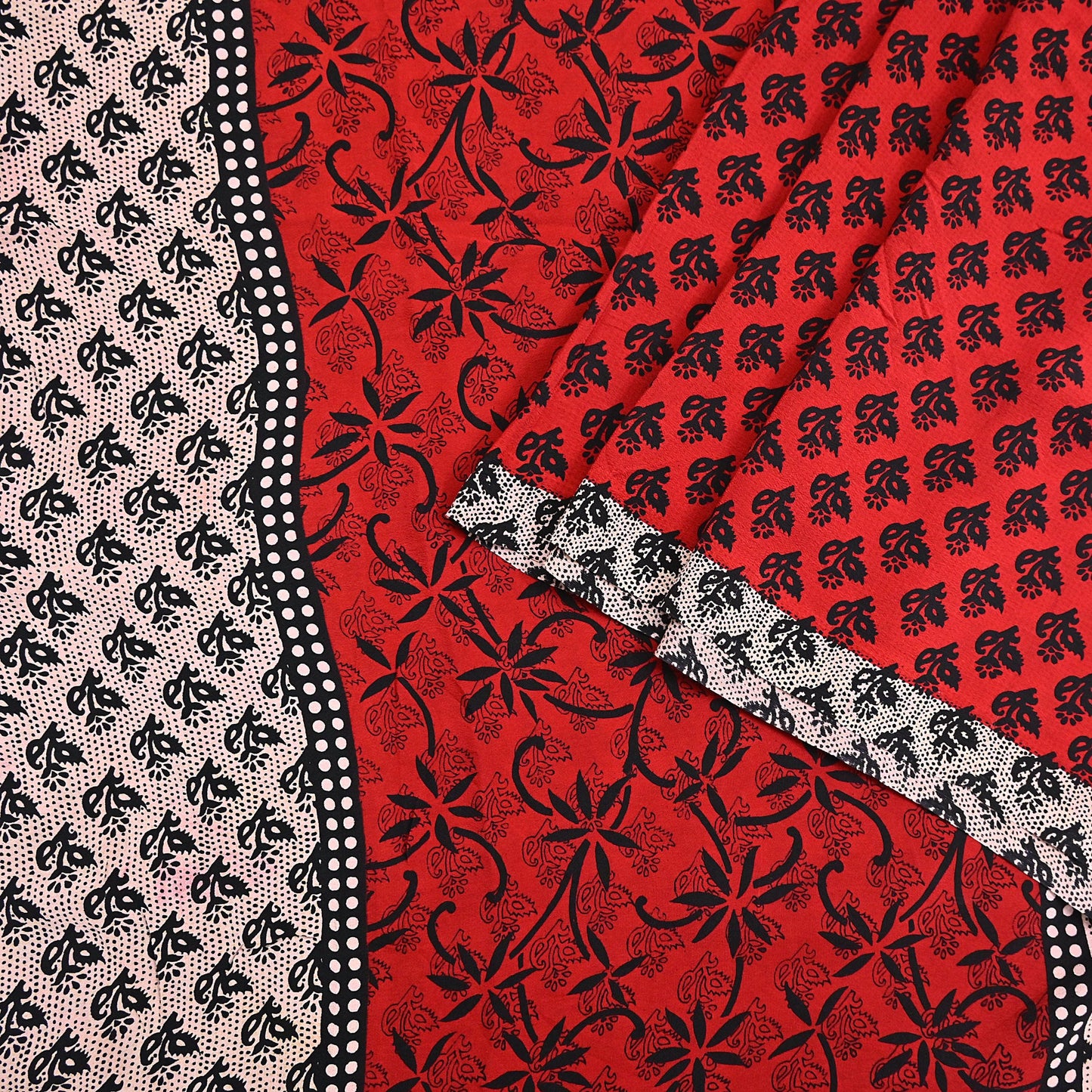 Indian Vintage Sari Black & Red Pure Crepe Silk Printed Saree 5yard Sewing Rose Flower Soft Craft Fabric Wrap